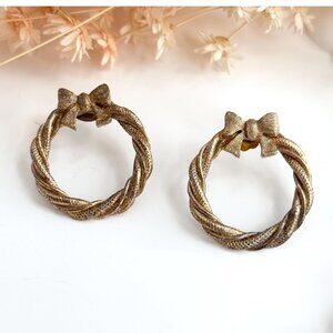 Gold Toned Braided Rope Bow Ribbon Vintage Post Back Holiday Themed Earrings